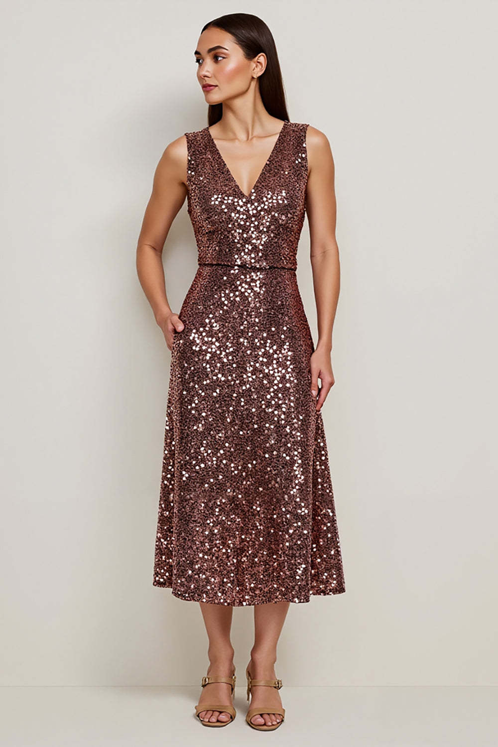 Sparkly Coffee Sequin V-Neck Maxi A Line Holiday Party Dress