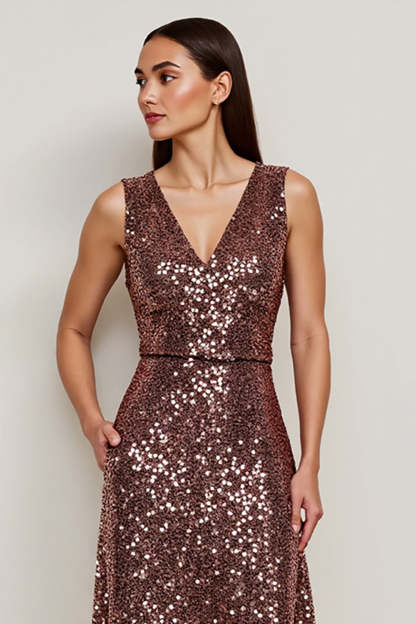Sparkly Coffee Sequin V-Neck Maxi A Line Holiday Party Dress