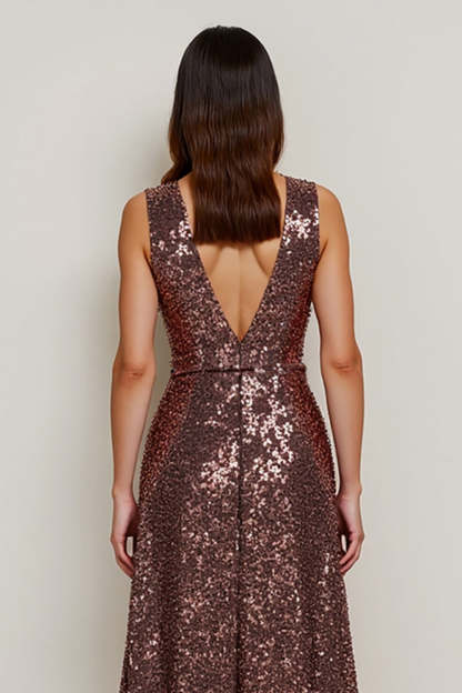 Sparkly Coffee Sequin V-Neck Maxi A Line Holiday Party Dress