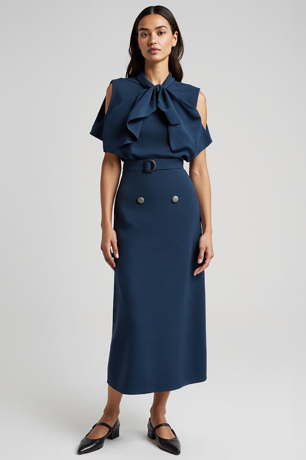 Leely Women Dark Blue Maxi Work Dress with Bow Pencil Short Sleeves Cut Out Business Dress with Belt