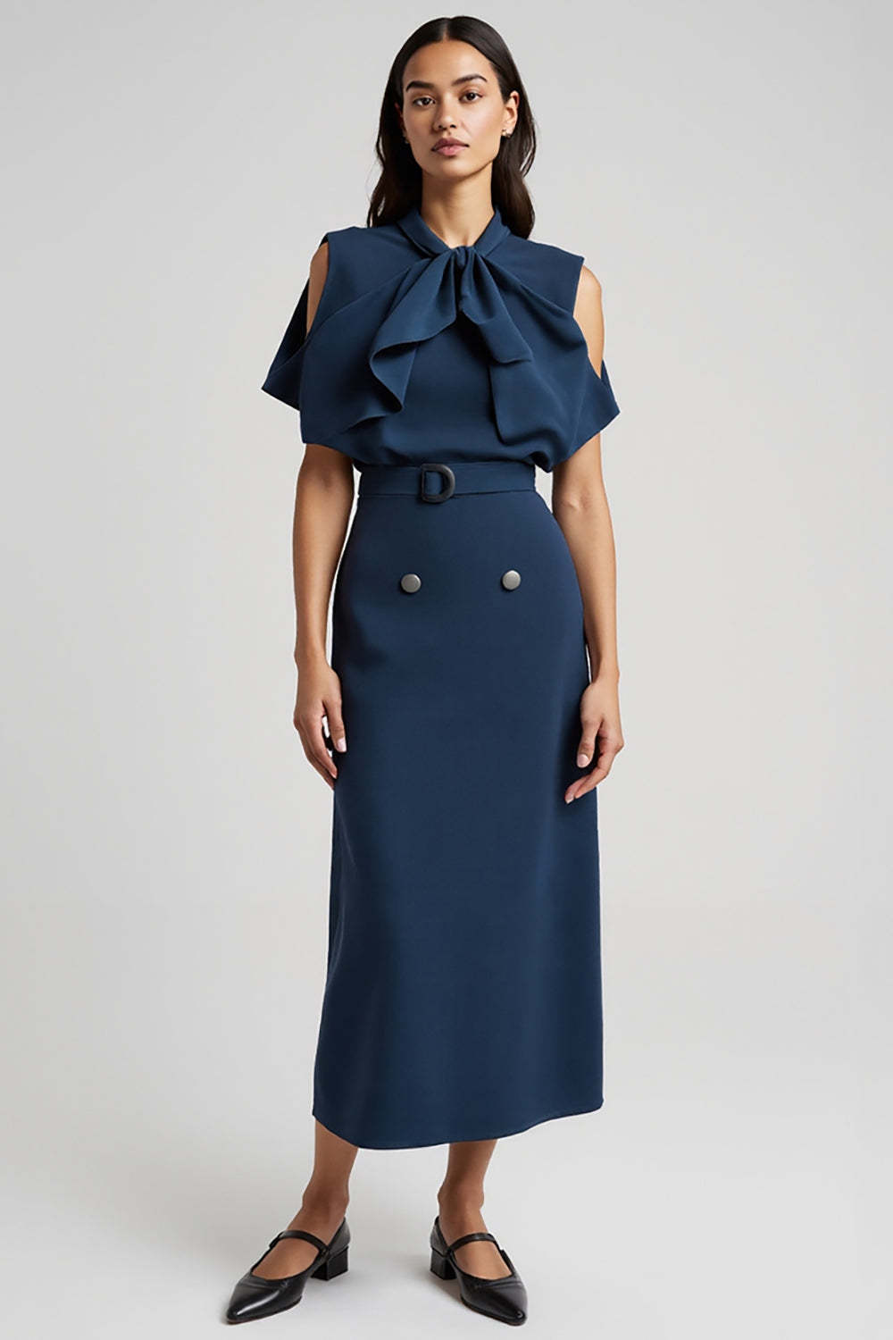 Leely Women Dark Blue Maxi Work Dress with Bow Pencil Short Sleeves Cut Out Business Dress with Belt