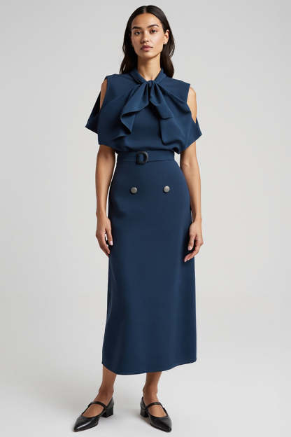 Leely Women Dark Blue Maxi Work Dress with Bow Pencil Short Sleeves Cut Out Business Dress with Belt