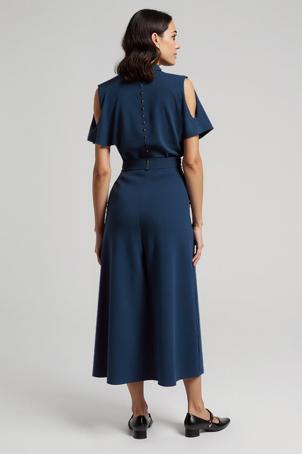 Dark Blue Pencil Short Sleeves Cut Out Maxi Work Dress with Bow