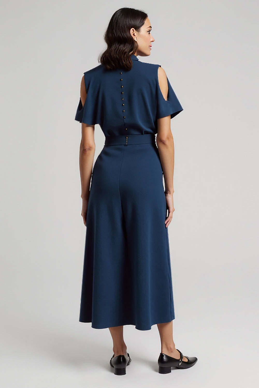 Dark Blue Pencil Short Sleeves Cut Out Maxi Work Dress with Bow