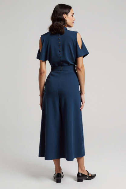 Dark Blue Pencil Short Sleeves Cut Out Maxi Work Dress with Bow