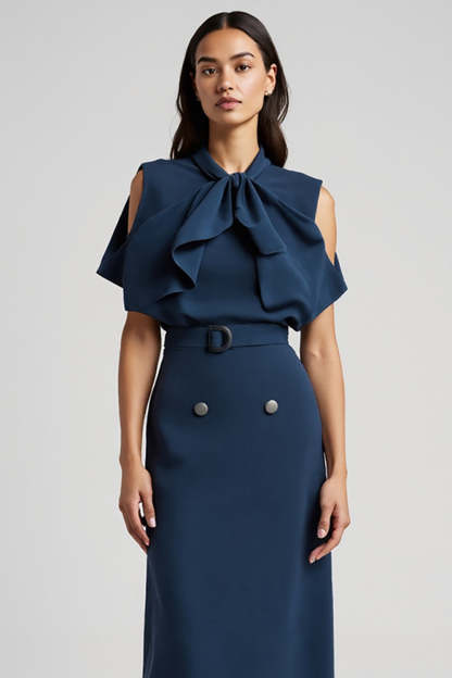 Dark Blue Pencil Short Sleeves Cut Out Maxi Work Dress with Bow