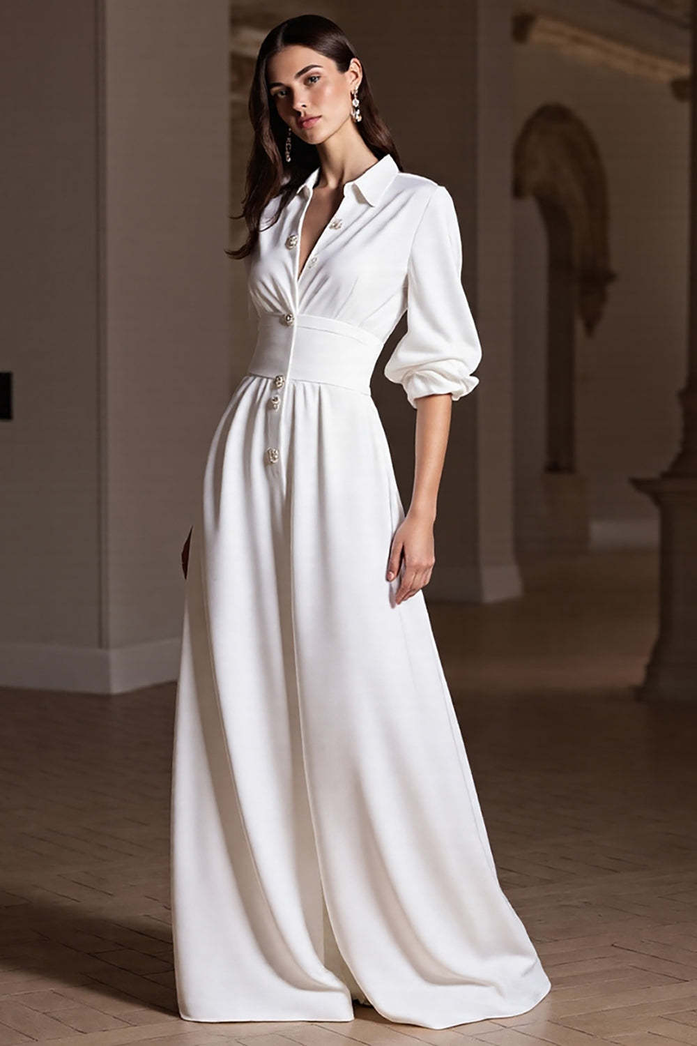Leely Women White Maxi Work Dress A Line Single Breasted Business Dress with Sleeves