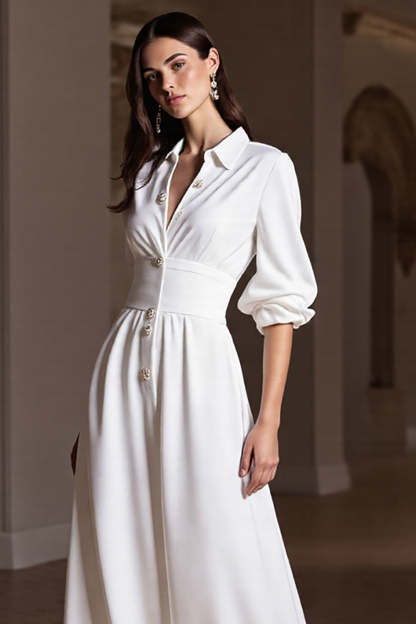 White A Line Single Breasted Maxi Work Dress with Sleeves