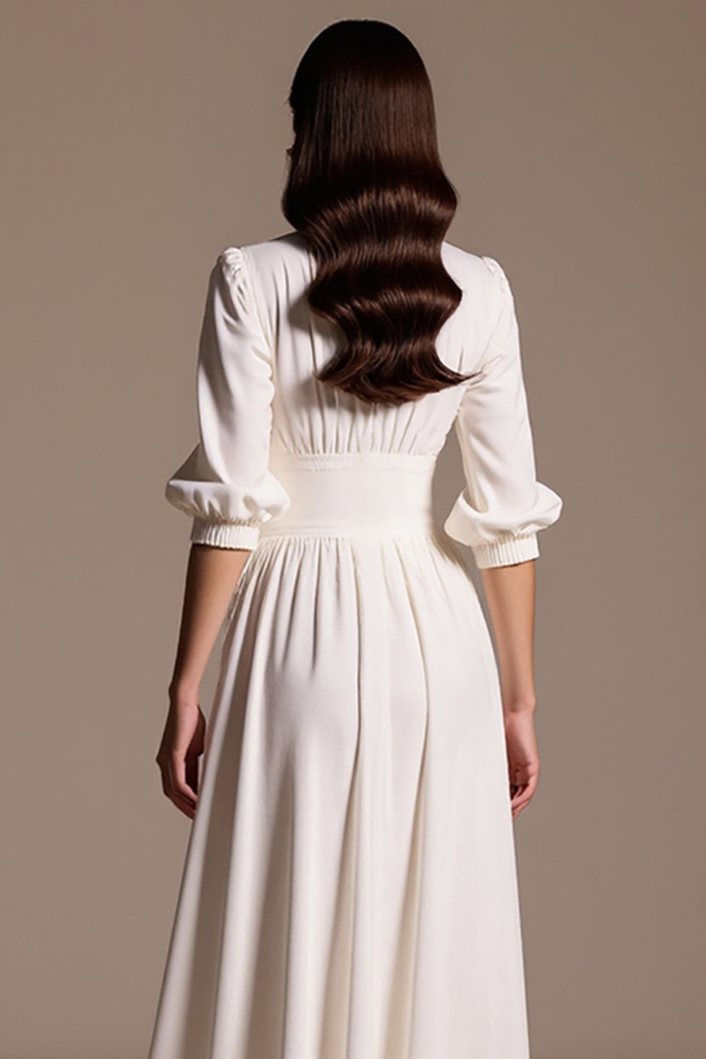 White A Line Single Breasted Maxi Work Dress with Sleeves