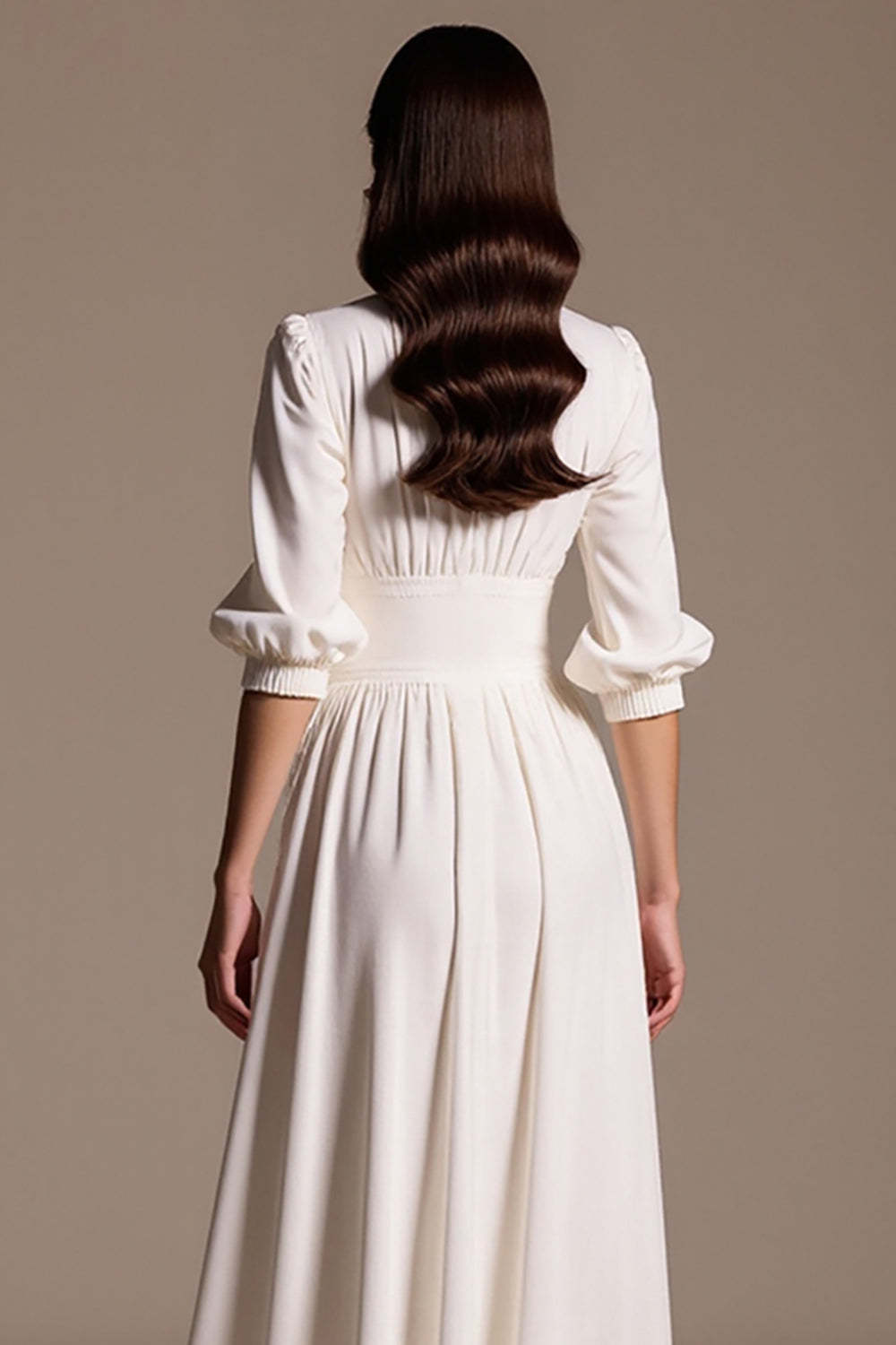 White A Line Single Breasted Maxi Work Dress with Sleeves