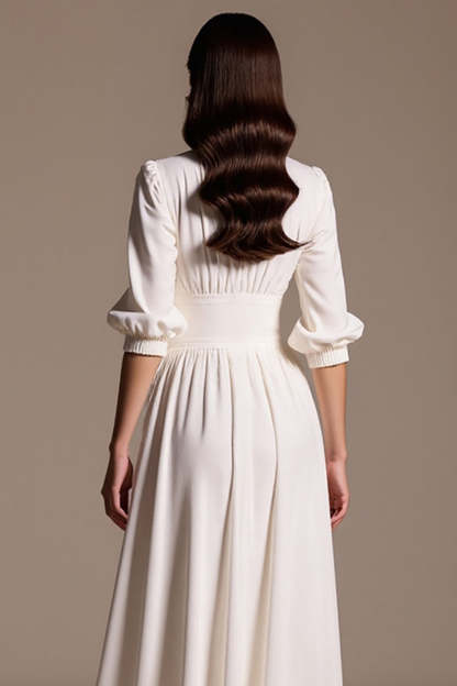 White A Line Single Breasted Maxi Work Dress with Sleeves