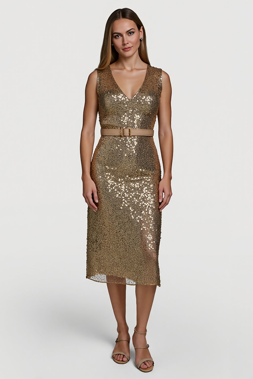 Sparkly Golden Sequin V-Neck Midi Bodycon Cocktail Dress with Belt