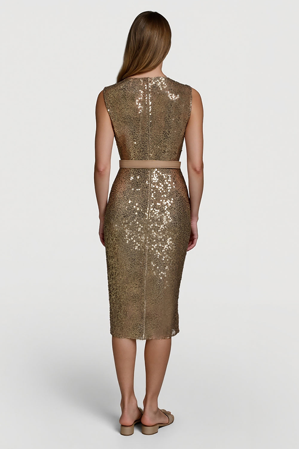 Sparkly Golden Sequin V-Neck Midi Bodycon Cocktail Dress with Belt