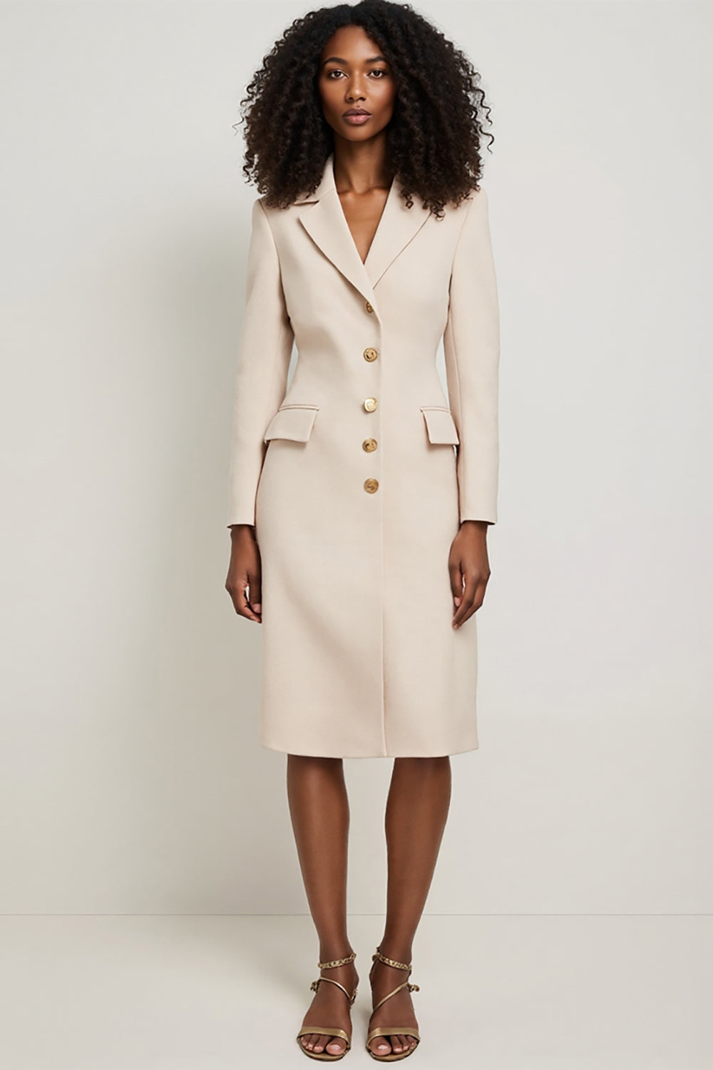 Apricot Pencil Notched Lapel Single Breasted Midi Blazer Dress with Sleeves