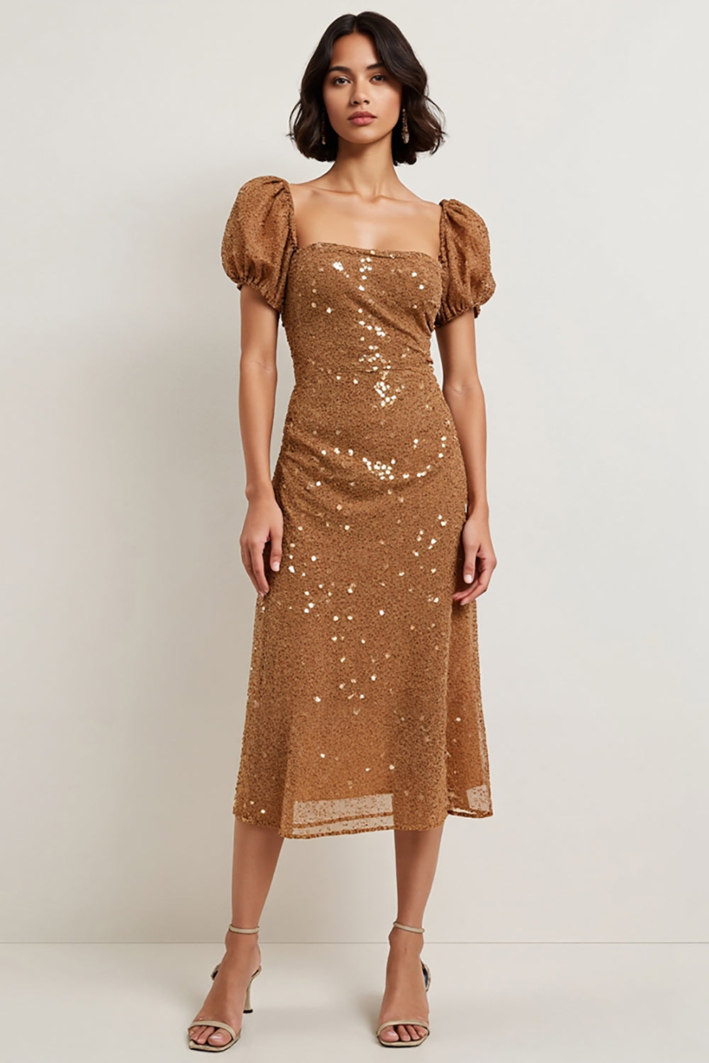 Sparkly Brown Sequin Square Neck Puff Sleeves Midi Holiday Party Dress