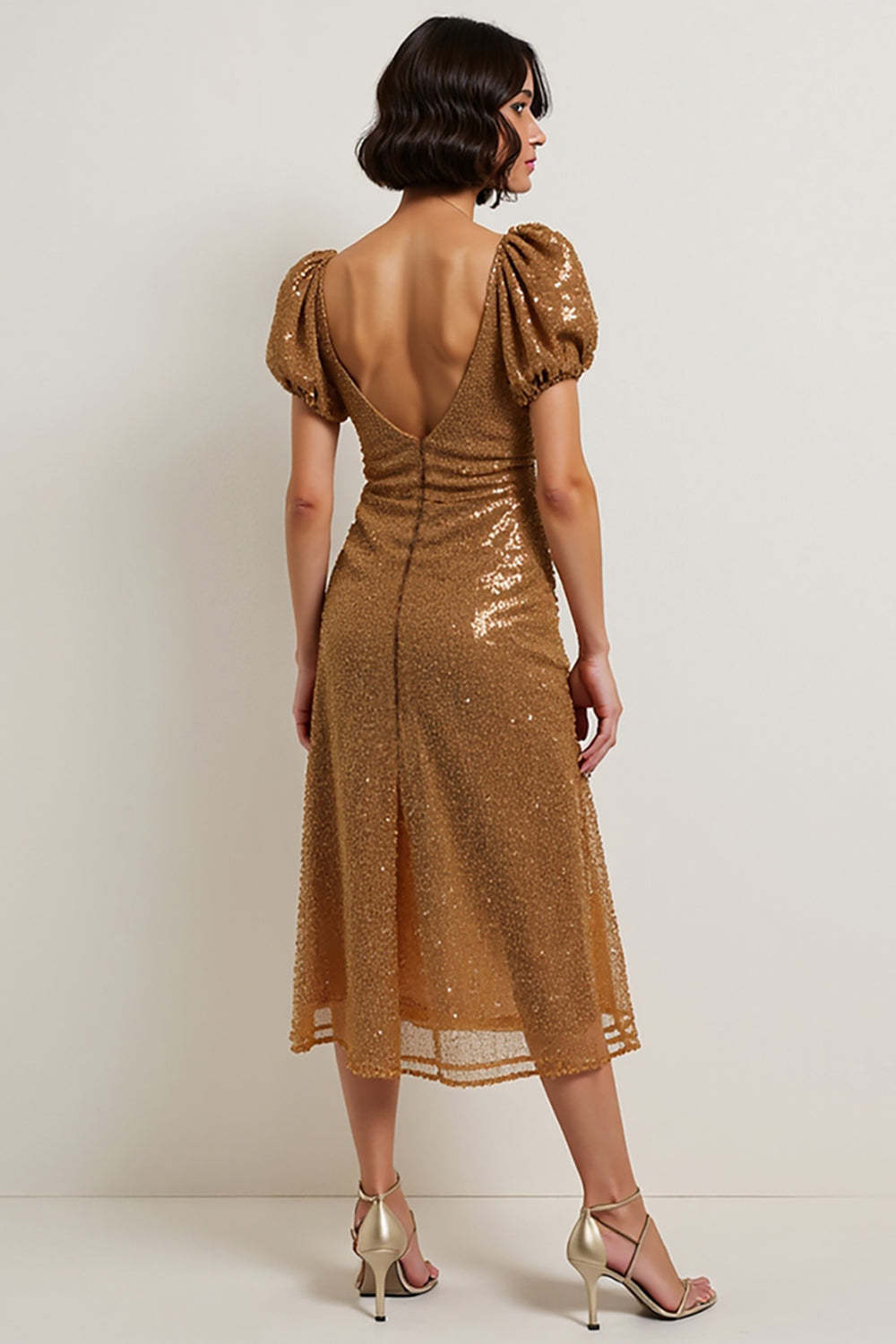Sparkly Brown Sequin Square Neck Puff Sleeves Midi Holiday Party Dress
