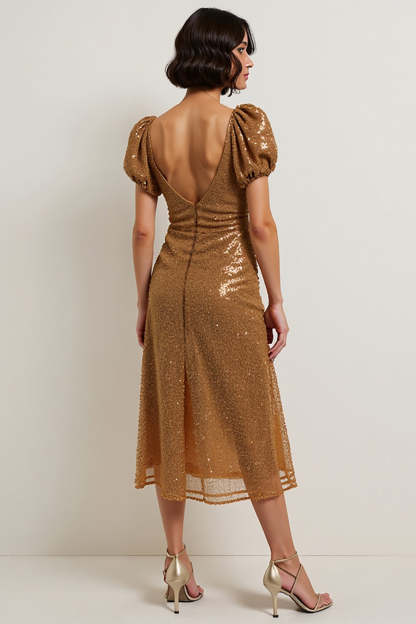 Sparkly Brown Sequin Square Neck Puff Sleeves Midi Holiday Party Dress