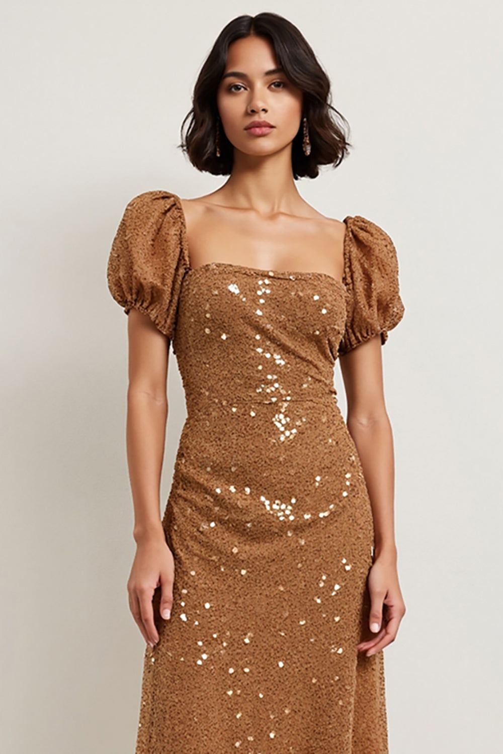 Sparkly Brown Sequin Square Neck Puff Sleeves Midi Holiday Party Dress