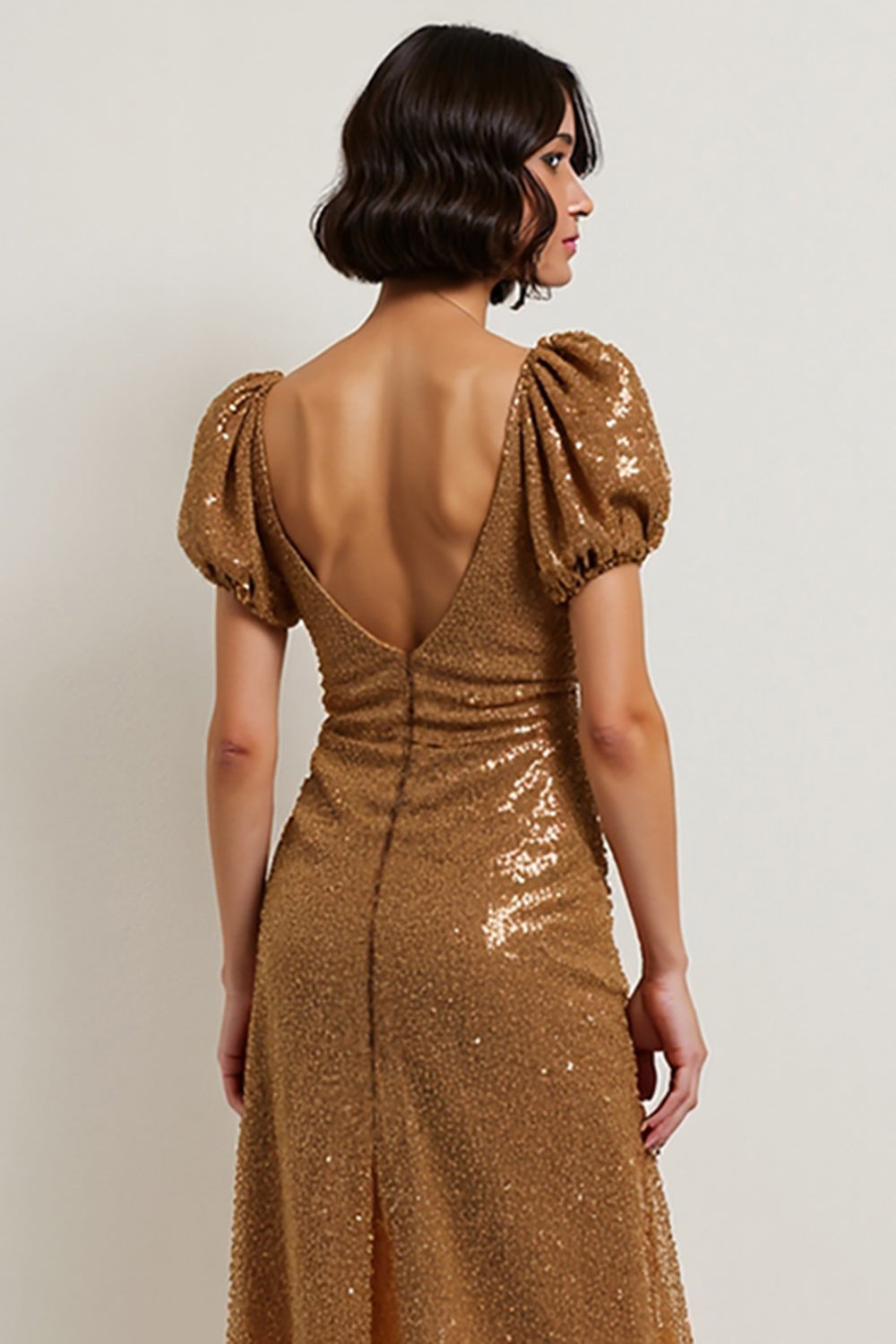 Sparkly Brown Sequin Square Neck Puff Sleeves Midi Holiday Party Dress