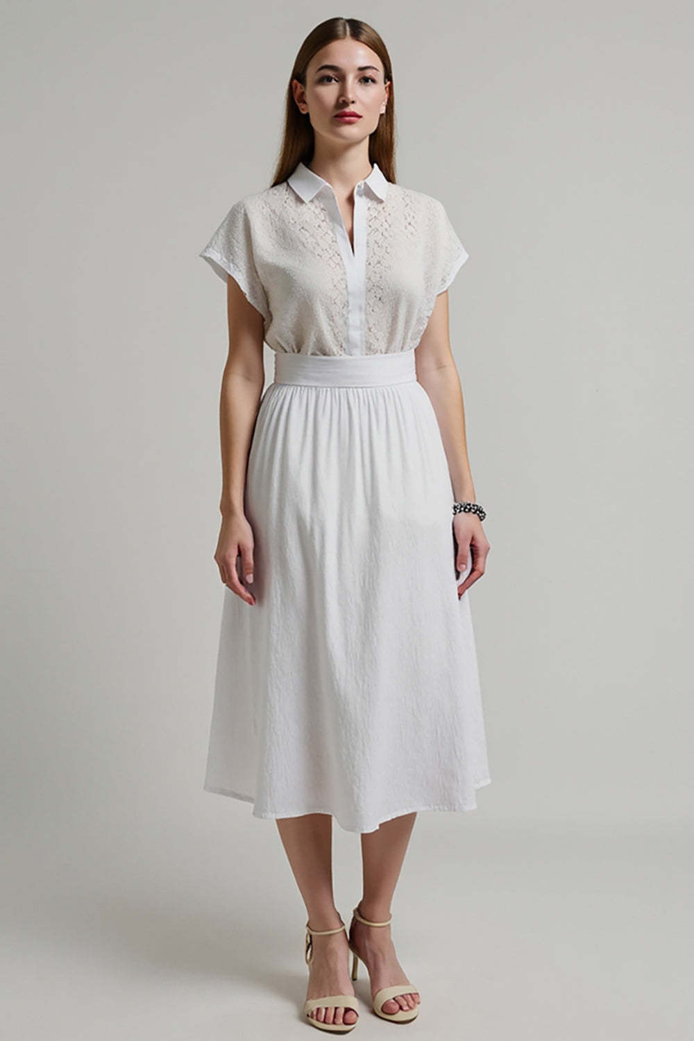 Leely Women White 2 Piece Midi Work Blouse and Skirt Short Sleeves A Line Work Dress