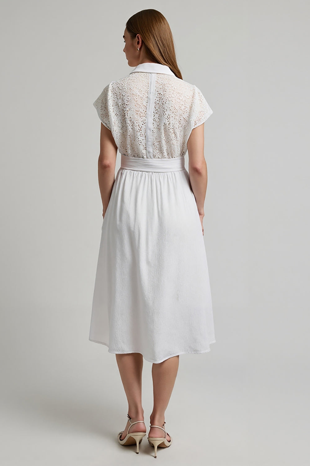 A Line Midi White 2 Piece Work Blouse and Skirt with Sleeves