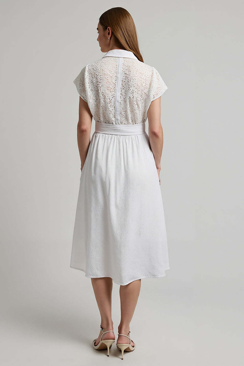 A Line Midi White 2 Piece Work Blouse and Skirt with Sleeves