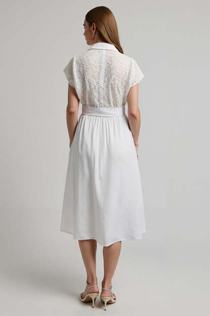 A Line Midi White 2 Piece Work Blouse and Skirt with Sleeves