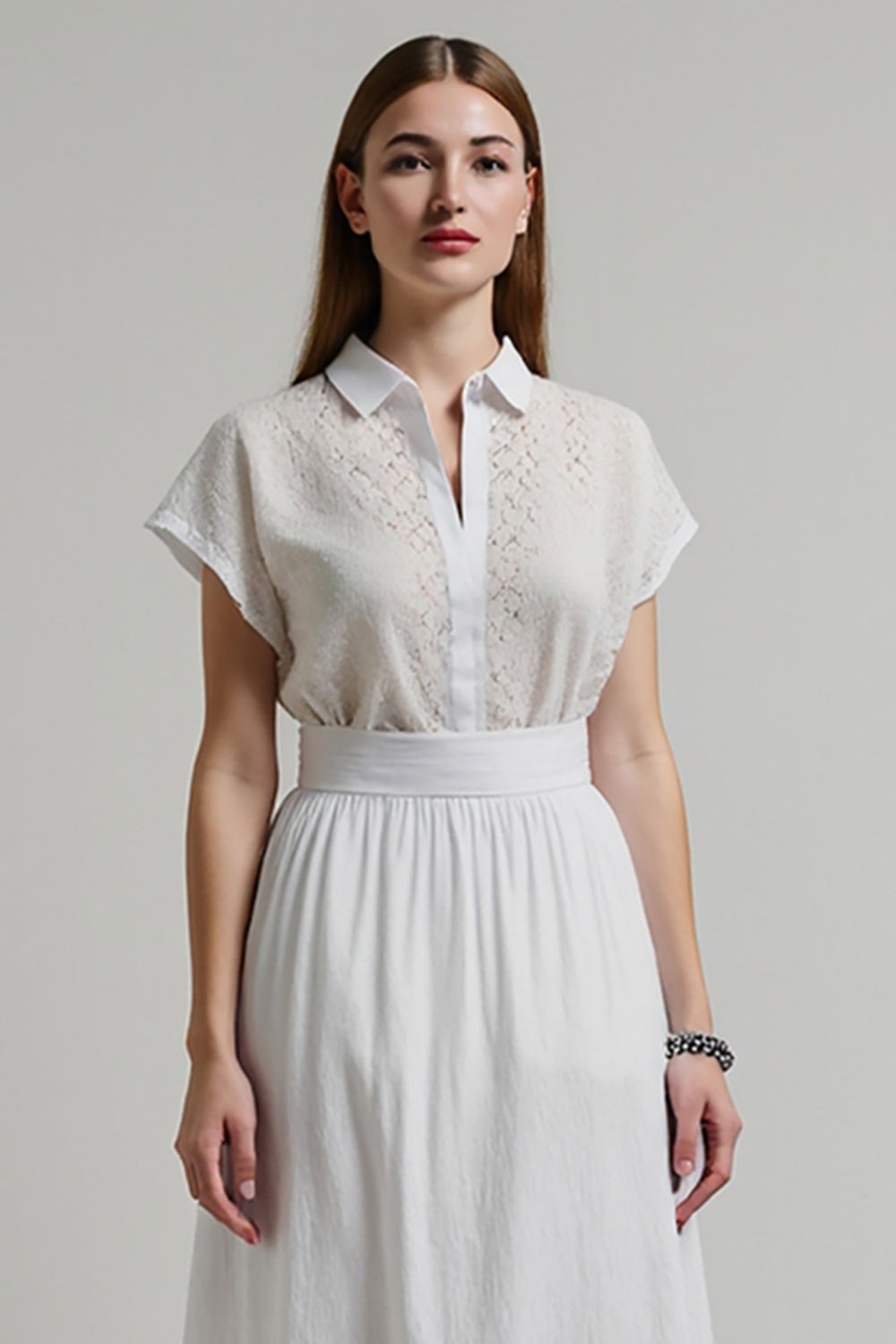 A Line Midi White 2 Piece Work Blouse and Skirt with Sleeves