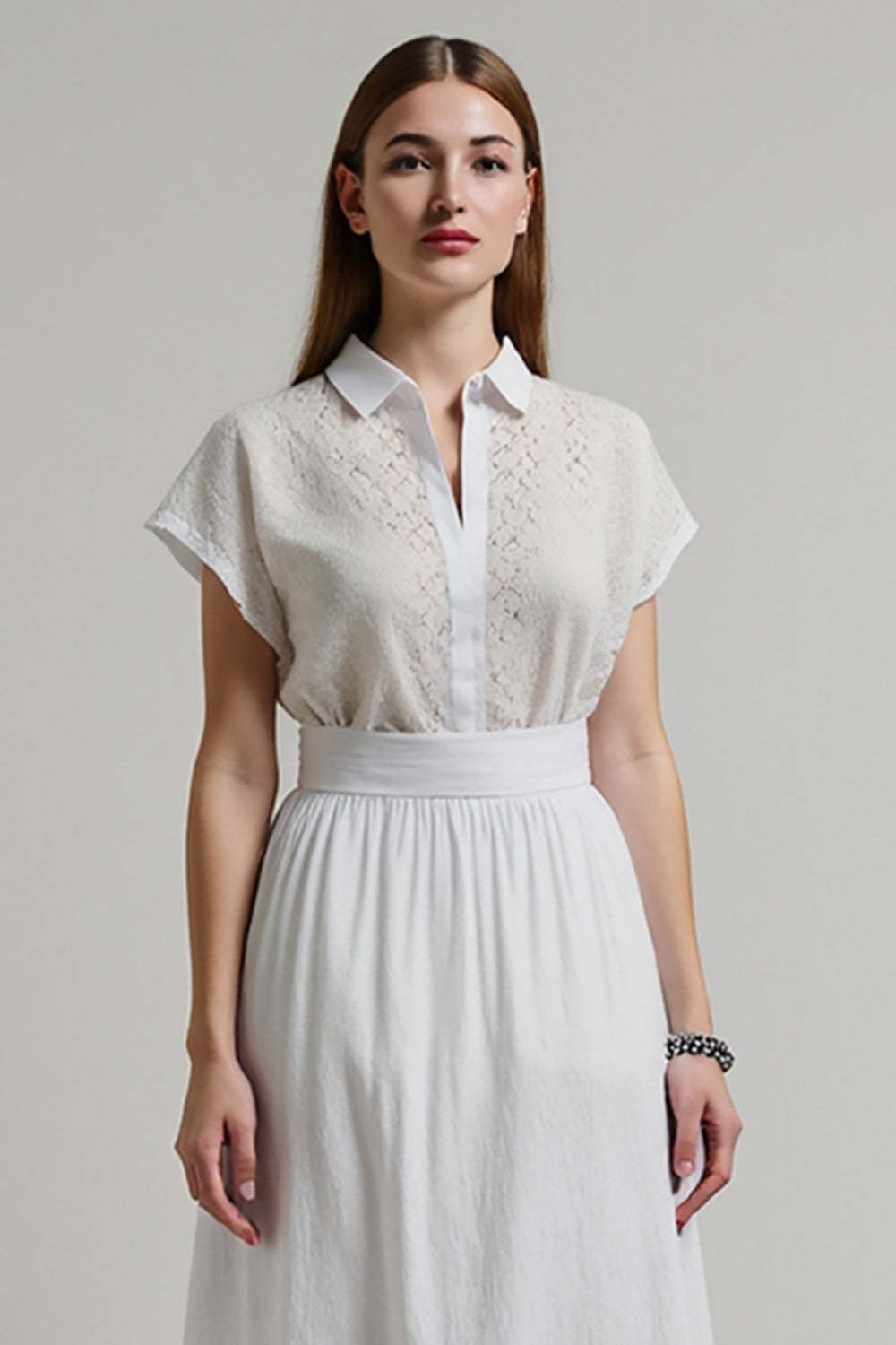 A Line Midi White 2 Piece Work Blouse and Skirt with Sleeves