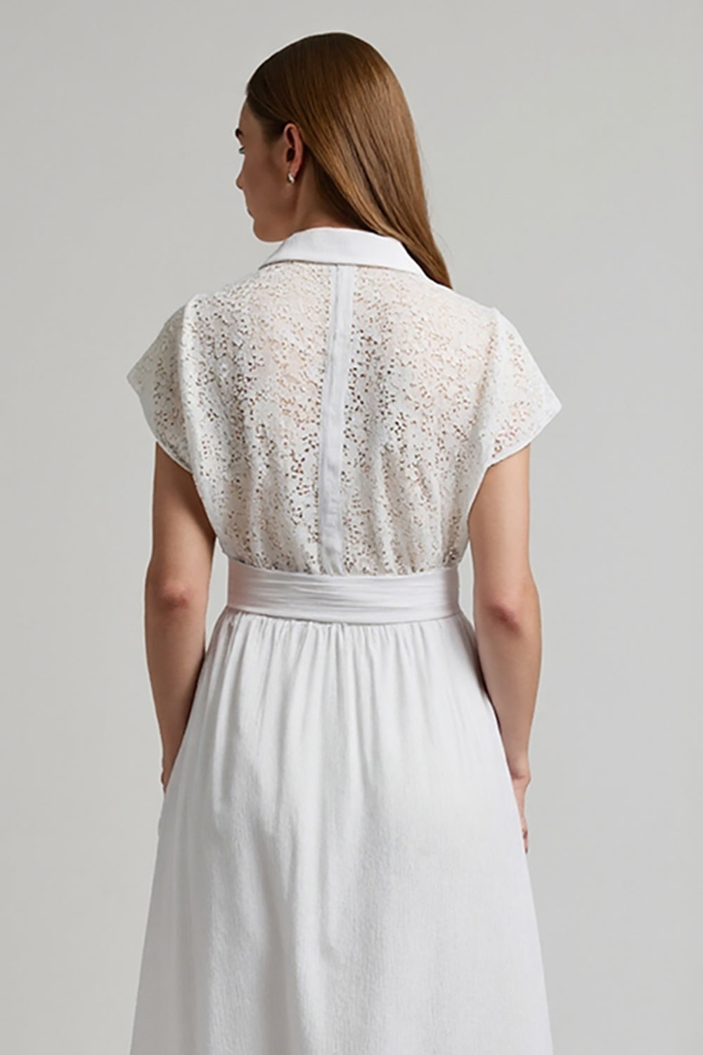 A Line Midi White 2 Piece Work Blouse and Skirt with Sleeves