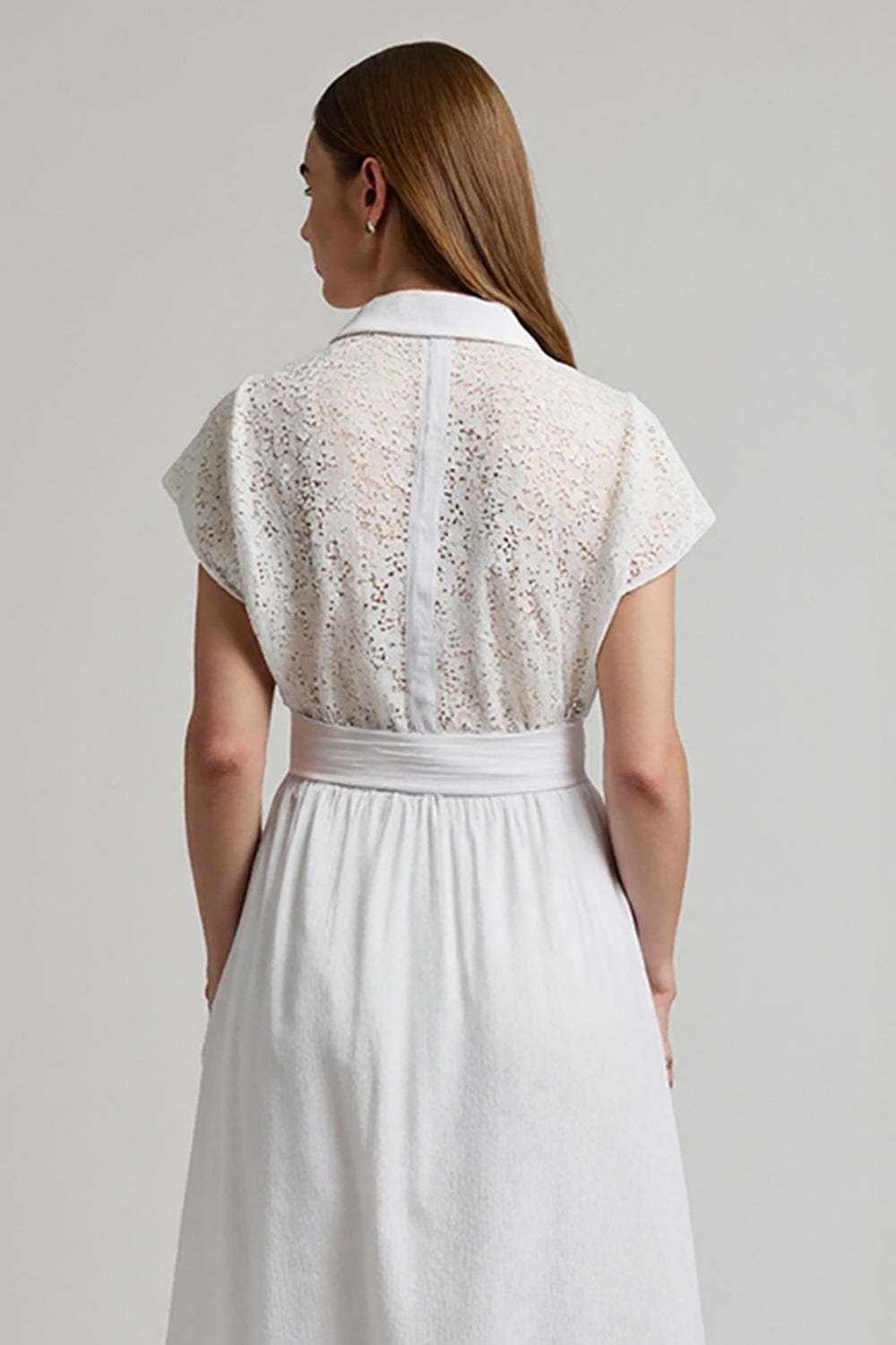 A Line Midi White 2 Piece Work Blouse and Skirt with Sleeves