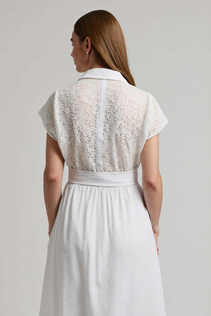 A Line Midi White 2 Piece Work Blouse and Skirt with Sleeves