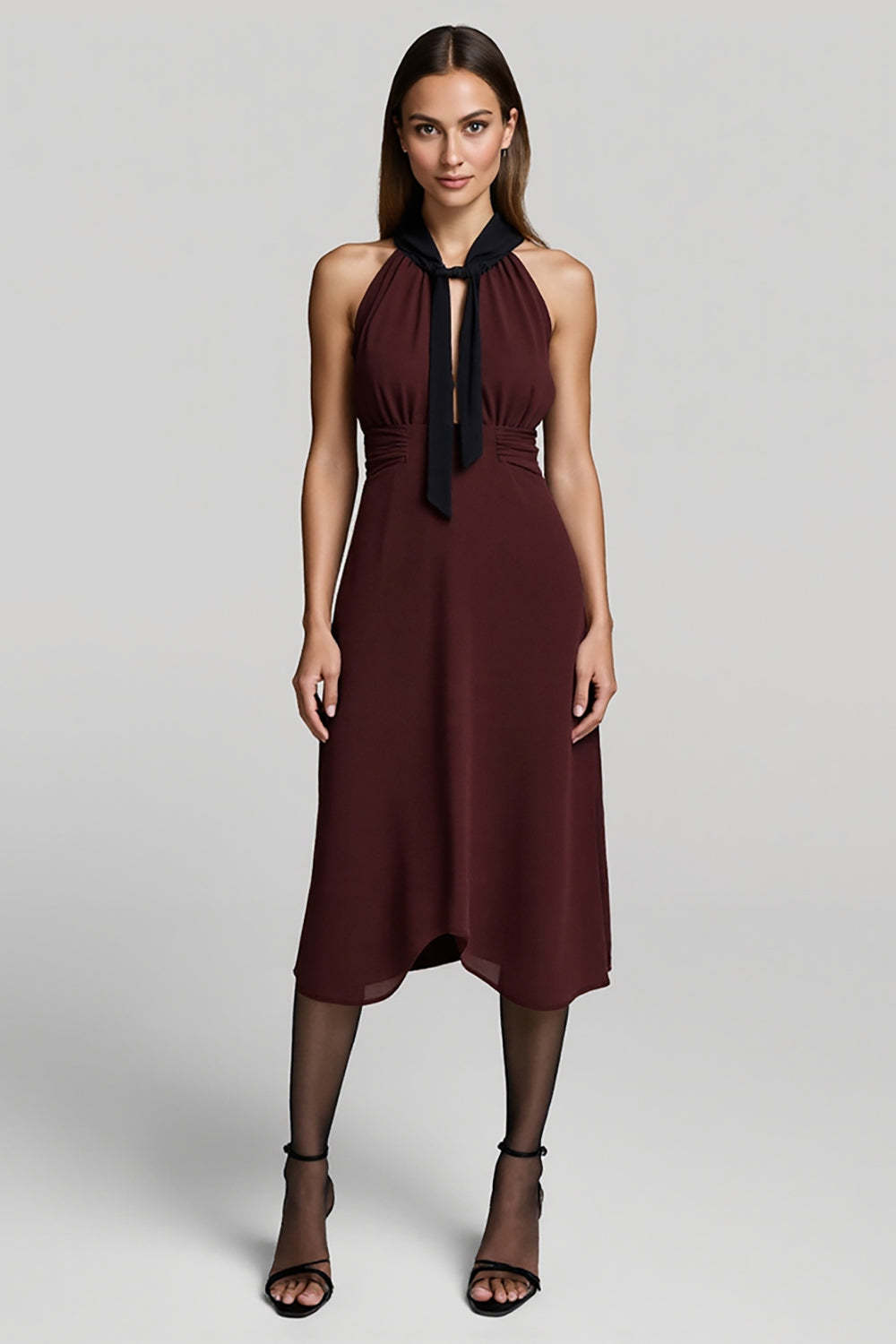 Leely Women Burgundy A Line Midi Work Dress with Sash Halter Business Dress with Keyhole