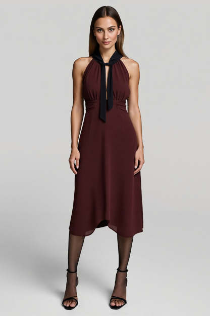 Leely Women Burgundy A Line Midi Work Dress with Sash Halter Business Dress with Keyhole