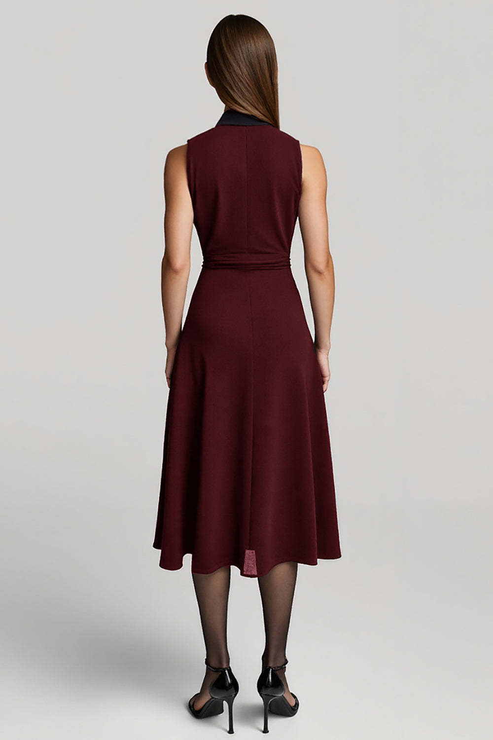 A Line Burgundy Halter Midi Work Dress with Sash