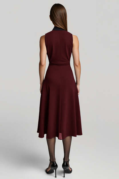 A Line Burgundy Halter Midi Work Dress with Sash