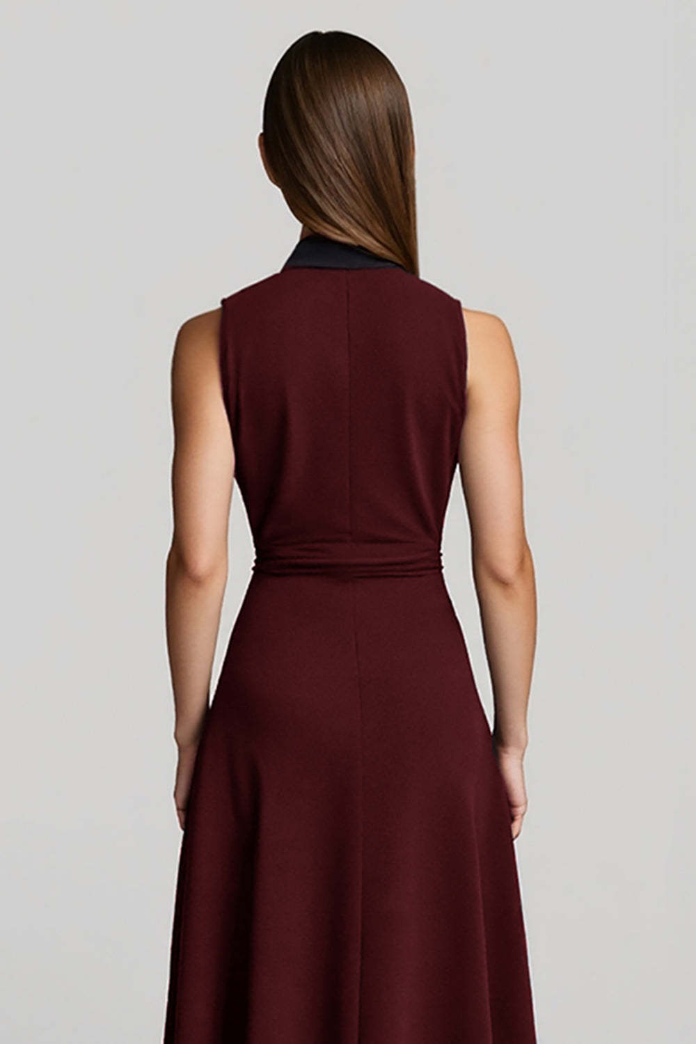 A Line Burgundy Halter Midi Work Dress with Sash