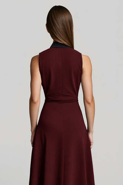 A Line Burgundy Halter Midi Work Dress with Sash
