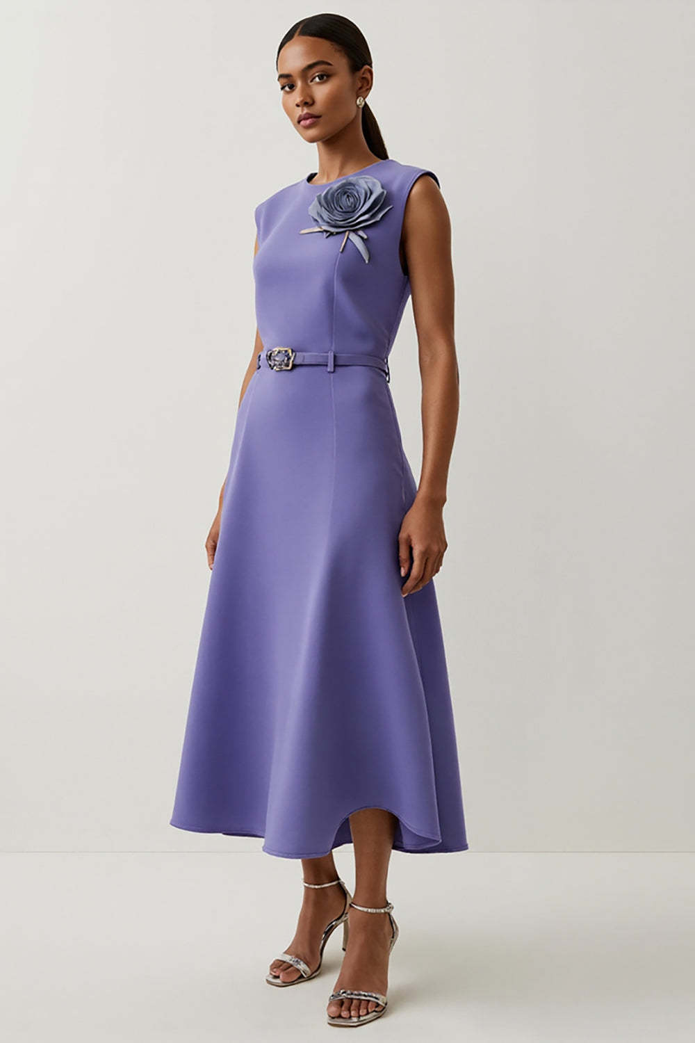 Leely Women Purple Floral Maxi Satin Work Dress with Belt A Line Round Neck Business Dress