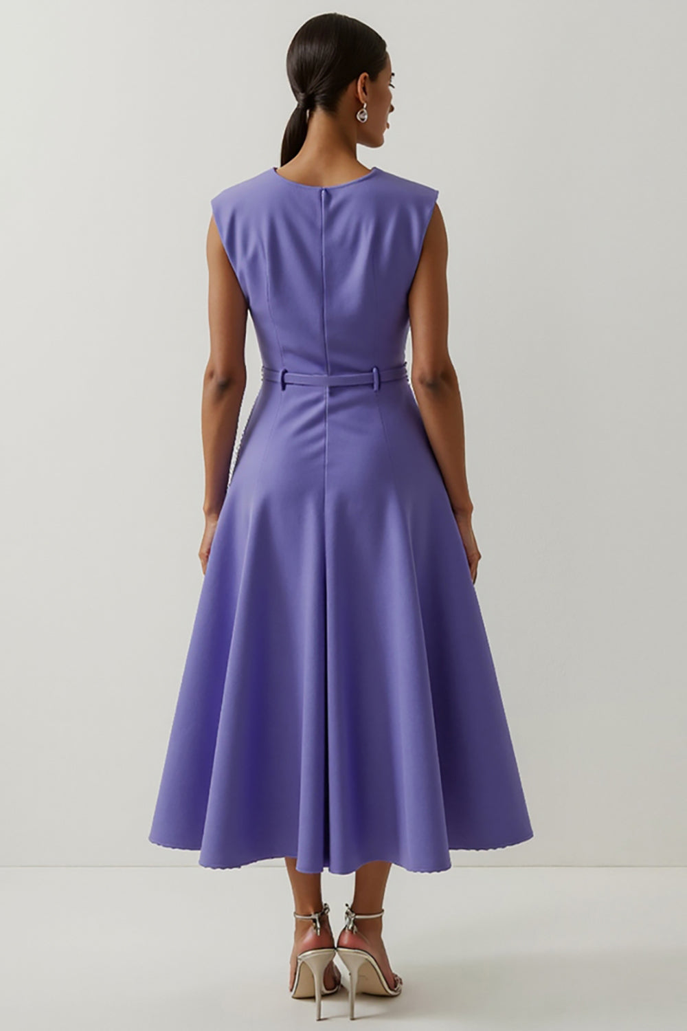 Purple Round Neck A Line Floral Satin Maxi Work Dress with Belt