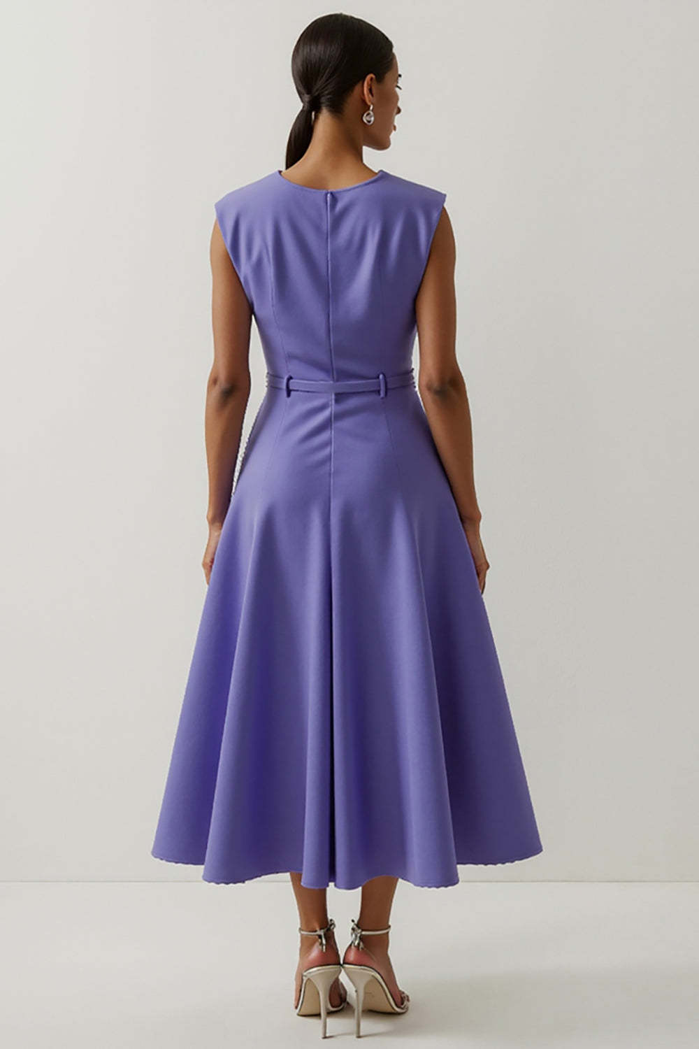 Purple Round Neck A Line Floral Satin Maxi Work Dress with Belt