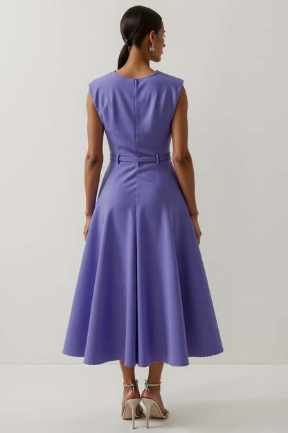 Purple Round Neck A Line Floral Satin Maxi Work Dress with Belt