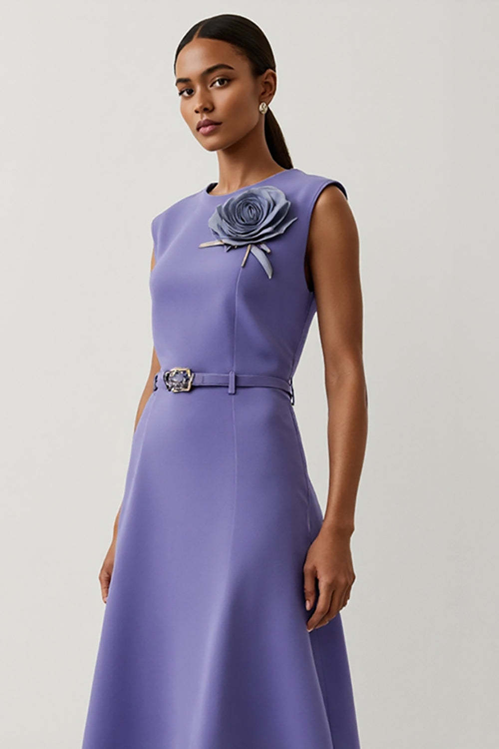 Purple Round Neck A Line Floral Satin Maxi Work Dress with Belt