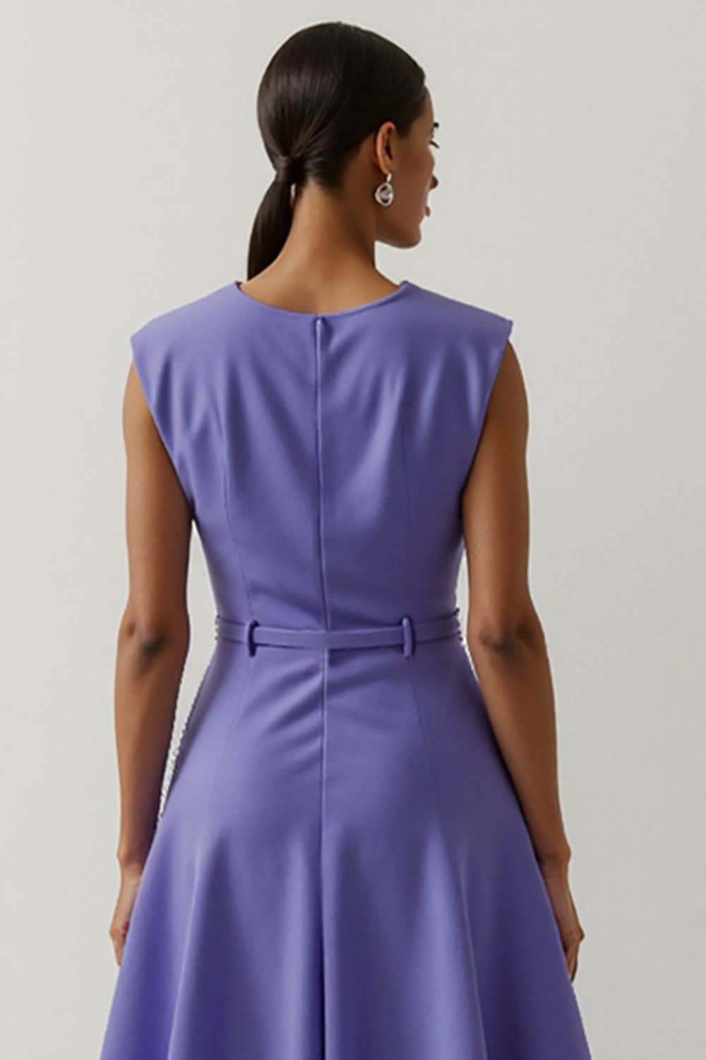 Purple Round Neck A Line Floral Satin Maxi Work Dress with Belt
