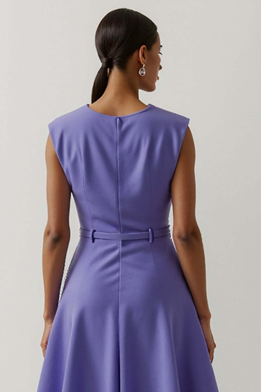 Purple Round Neck A Line Floral Satin Maxi Work Dress with Belt