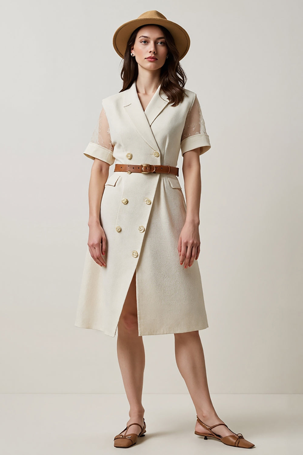 Midi Apricot A Line Short Sleeves Blazer Dress with Belt