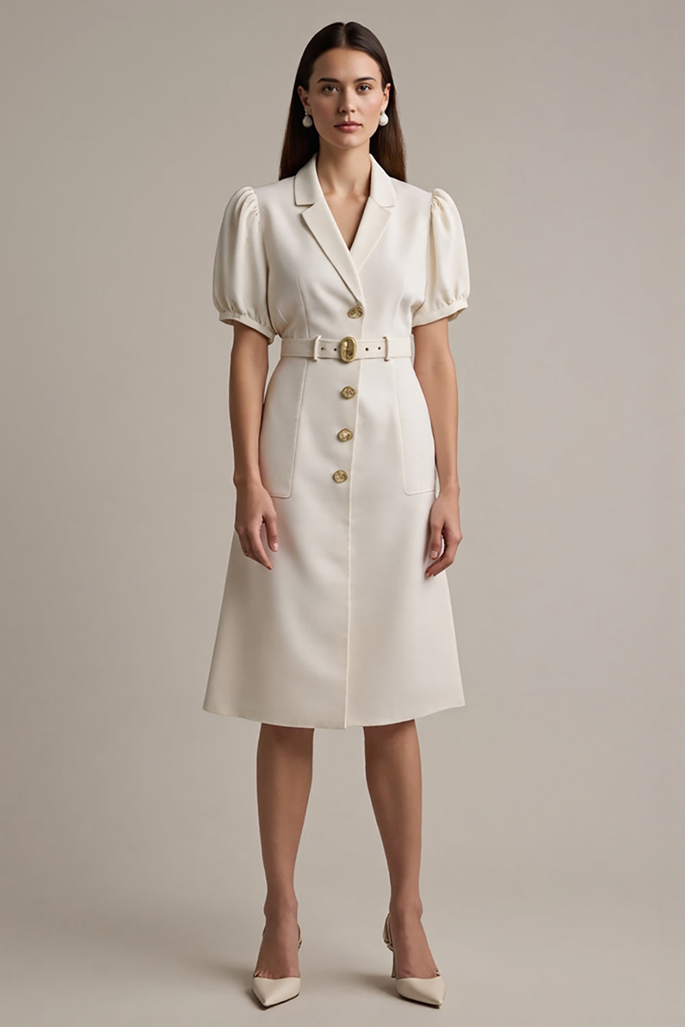 Leely Women Ivory Notched Lapel Midi A Line Blazer Dress with Belt Short Sleeves Satin Business Dress