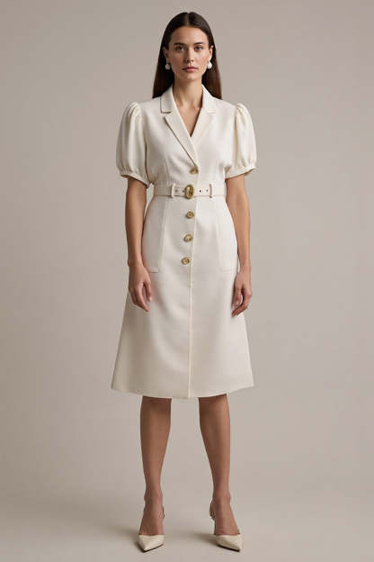 Leely Women Ivory Notched Lapel Midi A Line Blazer Dress with Belt Short Sleeves Satin Business Dress