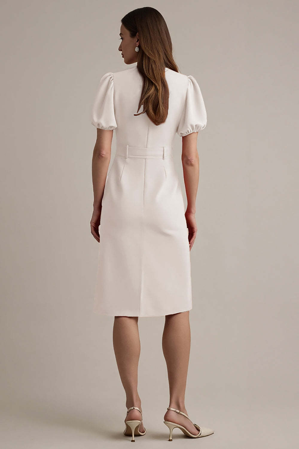 Midi Ivory Notched Lapel Short Sleeves A Line Blazer Dress with Belt