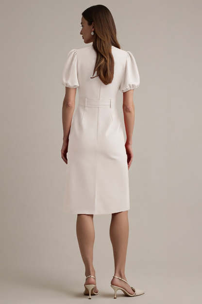 Midi Ivory Notched Lapel Short Sleeves A Line Blazer Dress with Belt